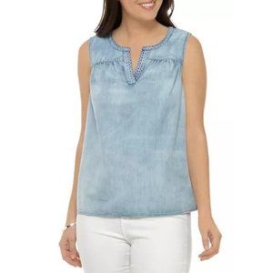 Patriotic Bloom Denim Sleeveless Shirt Split neck Pull over Light Blue Casual